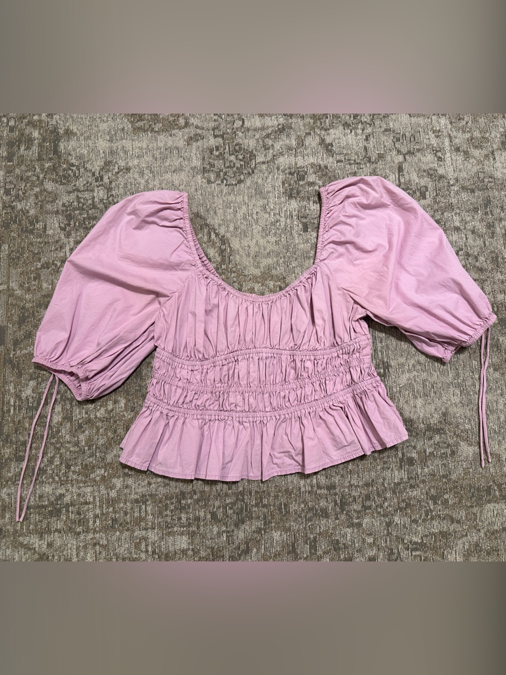STAUD Pink Puff-Sleeve Smocked Peplum Blouse